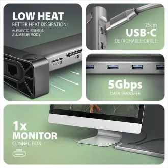 AXAGON HMC-10HLS, USB 5Gbps hub, 4x USB-A, HDMI 4k/60Hz, RJ-45 GLAN, SD/mSD, PD 100W, USB-C kábel 25cm