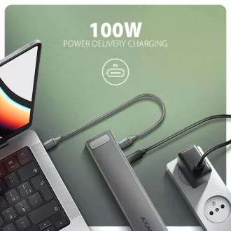 AXAGON HMC-10HLS, USB 5Gbps hub, 4x USB-A, HDMI 4k/60Hz, RJ-45 GLAN, SD/mSD, PD 100W, USB-C kábel 25cm