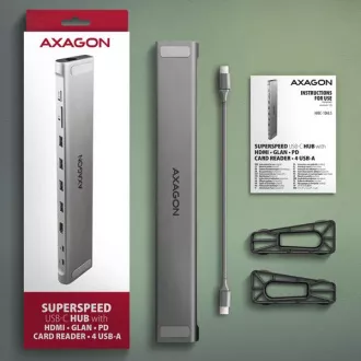 AXAGON HMC-10HLS, USB 5Gbps hub, 4x USB-A, HDMI 4k/60Hz, RJ-45 GLAN, SD/mSD, PD 100W, USB-C kábel 25cm