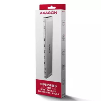 AXAGON HMC-10HLS, USB 5Gbps hub, 4x USB-A, HDMI 4k/60Hz, RJ-45 GLAN, SD/mSD, PD 100W, USB-C kábel 25cm