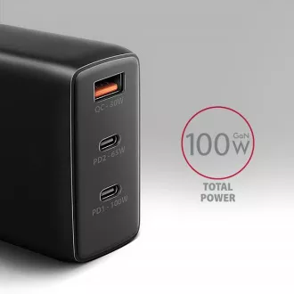 AXAGON ACU-DPQ100, GaN hálózati töltő 100W, 3x port (USB-A   dual USB-C), PD3.0/PPS/QC4 /Apple, fekete színben