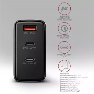 AXAGON ACU-DPQ100, GaN hálózati töltő 100W, 3x port (USB-A   dual USB-C), PD3.0/PPS/QC4 /Apple, fekete színben