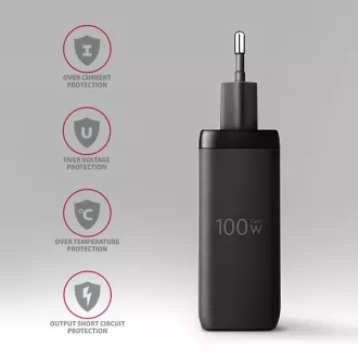 AXAGON ACU-DPQ100, GaN hálózati töltő 100W, 3x port (USB-A   dual USB-C), PD3.0/PPS/QC4 /Apple, fekete színben