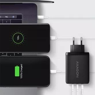 AXAGON ACU-DPQ100, GaN hálózati töltő 100W, 3x port (USB-A   dual USB-C), PD3.0/PPS/QC4 /Apple, fekete színben