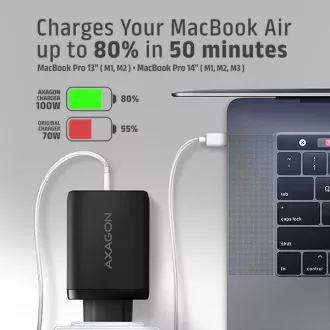 AXAGON ACU-DPQ100, GaN hálózati töltő 100W, 3x port (USB-A   dual USB-C), PD3.0/PPS/QC4 /Apple, fekete színben