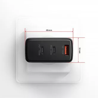 AXAGON ACU-DPQ100, GaN hálózati töltő 100W, 3x port (USB-A   dual USB-C), PD3.0/PPS/QC4 /Apple, fekete színben