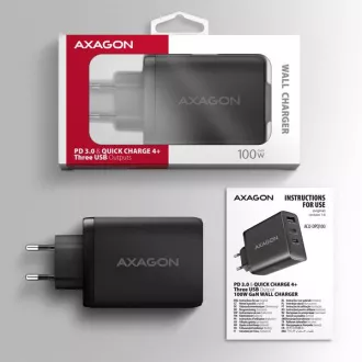 AXAGON ACU-DPQ100, GaN hálózati töltő 100W, 3x port (USB-A   dual USB-C), PD3.0/PPS/QC4 /Apple, fekete színben