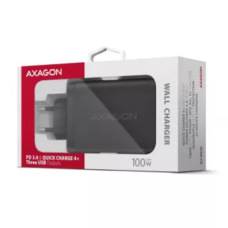 AXAGON ACU-DPQ100, GaN hálózati töltő 100W, 3x port (USB-A   dual USB-C), PD3.0/PPS/QC4 /Apple, fekete színben