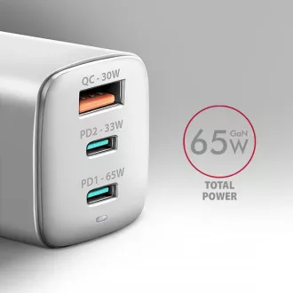 AXAGON ACU-DPQ65W, GaN hálózati töltő 65W, 3x port (USB-A   dual USB-C), PD3.0/QC4 /PPS/Apple, fehér színben