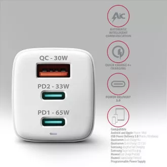 AXAGON ACU-DPQ65W, GaN hálózati töltő 65W, 3x port (USB-A   dual USB-C), PD3.0/QC4 /PPS/Apple, fehér színben