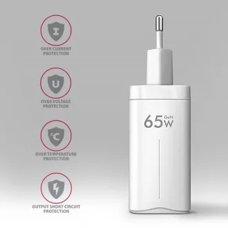 AXAGON ACU-DPQ65W, GaN hálózati töltő 65W, 3x port (USB-A   dual USB-C), PD3.0/QC4 /PPS/Apple, fehér színben