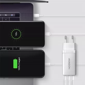 AXAGON ACU-DPQ65W, GaN hálózati töltő 65W, 3x port (USB-A   dual USB-C), PD3.0/QC4 /PPS/Apple, fehér színben
