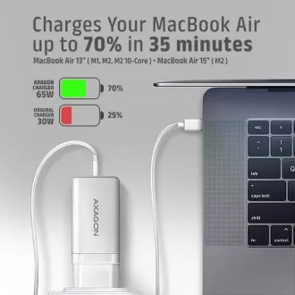 AXAGON ACU-DPQ65W, GaN hálózati töltő 65W, 3x port (USB-A   dual USB-C), PD3.0/QC4 /PPS/Apple, fehér színben
