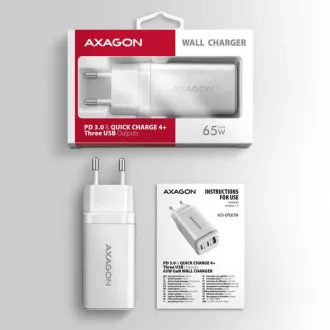 AXAGON ACU-DPQ65W, GaN hálózati töltő 65W, 3x port (USB-A   dual USB-C), PD3.0/QC4 /PPS/Apple, fehér színben