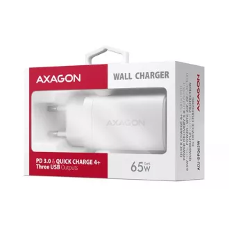 AXAGON ACU-DPQ65W, GaN hálózati töltő 65W, 3x port (USB-A   dual USB-C), PD3.0/QC4 /PPS/Apple, fehér színben