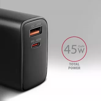 AXAGON ACU-PQ45 GaN hálózati töltő 45W, 2x port (USB-A   USB-C), PD3.0/PPS/QC4 /SFC 2.0/AFC/Apple