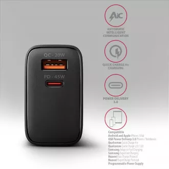 AXAGON ACU-PQ45 GaN hálózati töltő 45W, 2x port (USB-A   USB-C), PD3.0/PPS/QC4 /SFC 2.0/AFC/Apple