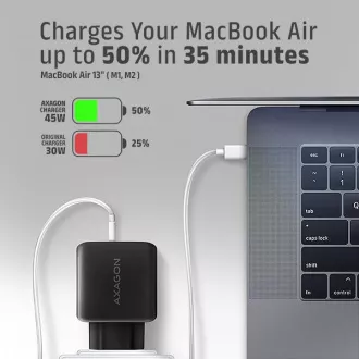 AXAGON ACU-PQ45 GaN hálózati töltő 45W, 2x port (USB-A   USB-C), PD3.0/PPS/QC4 /SFC 2.0/AFC/Apple