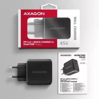 AXAGON ACU-PQ45 GaN hálózati töltő 45W, 2x port (USB-A   USB-C), PD3.0/PPS/QC4 /SFC 2.0/AFC/Apple