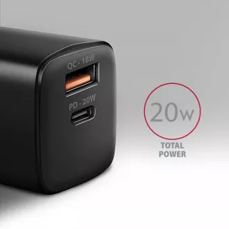 AXAGON ACU-PQ20, 20W-os hálózati töltő, 2x port (USB-A   USB-C), PD3.0/PPS/QC4 /AFC/Apple, fekete színben