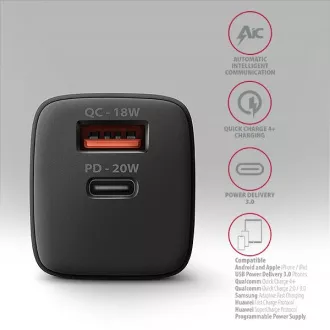 AXAGON ACU-PQ20, 20W-os hálózati töltő, 2x port (USB-A   USB-C), PD3.0/PPS/QC4 /AFC/Apple, fekete színben