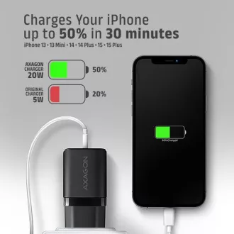 AXAGON ACU-PQ20, 20W-os hálózati töltő, 2x port (USB-A   USB-C), PD3.0/PPS/QC4 /AFC/Apple, fekete színben