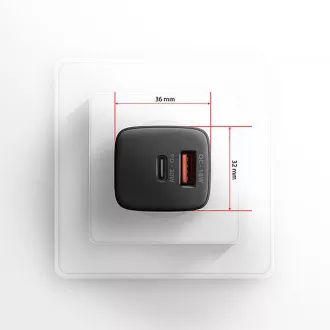 AXAGON ACU-PQ20, 20W-os hálózati töltő, 2x port (USB-A   USB-C), PD3.0/PPS/QC4 /AFC/Apple, fekete színben