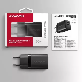 AXAGON ACU-PQ20, 20W-os hálózati töltő, 2x port (USB-A   USB-C), PD3.0/PPS/QC4 /AFC/Apple, fekete színben