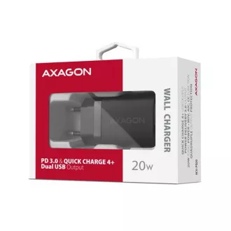AXAGON ACU-PQ20, 20W-os hálózati töltő, 2x port (USB-A   USB-C), PD3.0/PPS/QC4 /AFC/Apple, fekete színben