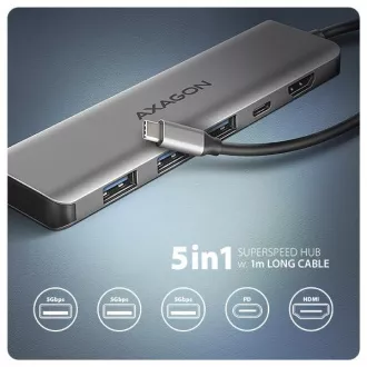 AXAGON HMC-5H, USB 5Gbps hub, 3x USB-A, HDMI 4k/30Hz, PD 100W, USB-C kábel 100cm