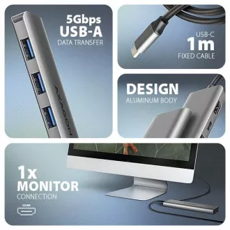 AXAGON HMC-5H, USB 5Gbps hub, 3x USB-A, HDMI 4k/30Hz, PD 100W, USB-C kábel 100cm