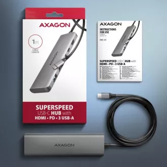 AXAGON HMC-5H, USB 5Gbps hub, 3x USB-A, HDMI 4k/30Hz, PD 100W, USB-C kábel 100cm