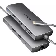 AXAGON HMC-8HLSA, USB 5Gbps hub, 3x USB-A, HDMI 4k/60Hz, RJ-45 GLAN, SD/microSD, audio, PD 100W, USB-C kábel 20cm