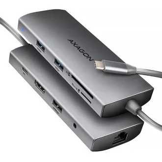 AXAGON HMC-8HLSA, USB 5Gbps hub, 3x USB-A, HDMI 4k/60Hz, RJ-45 GLAN, SD/microSD, audio, PD 100W, USB-C kábel 20cm