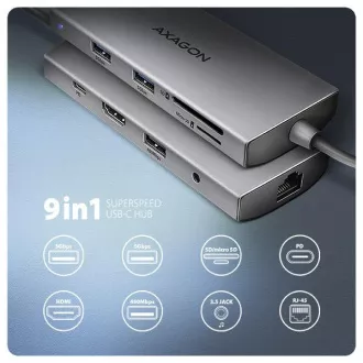 AXAGON HMC-8HLSA, USB 5Gbps hub, 3x USB-A, HDMI 4k/60Hz, RJ-45 GLAN, SD/microSD, audio, PD 100W, USB-C kábel 20cm