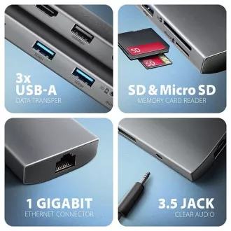 AXAGON HMC-8HLSA, USB 5Gbps hub, 3x USB-A, HDMI 4k/60Hz, RJ-45 GLAN, SD/microSD, audio, PD 100W, USB-C kábel 20cm