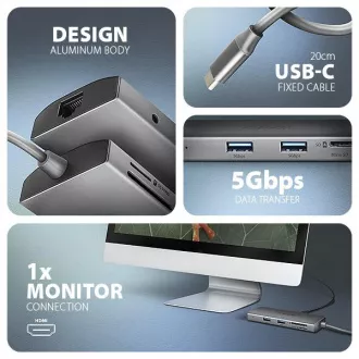 AXAGON HMC-8HLSA, USB 5Gbps hub, 3x USB-A, HDMI 4k/60Hz, RJ-45 GLAN, SD/microSD, audio, PD 100W, USB-C kábel 20cm