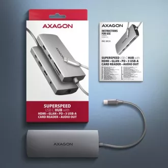 AXAGON HMC-8HLSA, USB 5Gbps hub, 3x USB-A, HDMI 4k/60Hz, RJ-45 GLAN, SD/microSD, audio, PD 100W, USB-C kábel 20cm