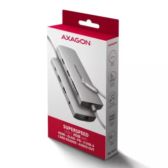 AXAGON HMC-8HLSA, USB 5Gbps hub, 3x USB-A, HDMI 4k/60Hz, RJ-45 GLAN, SD/microSD, audio, PD 100W, USB-C kábel 20cm