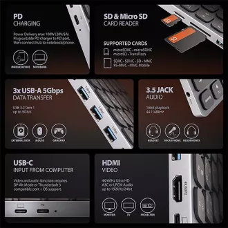 AXAGON HMC-KB-CS, USB 5Gbps hub CZ/SK billentyűzettel, HDMI 4K/60Hz, 3x USB-A, SD/mSD, audió, PD 100W, USB-C kábel 60cm