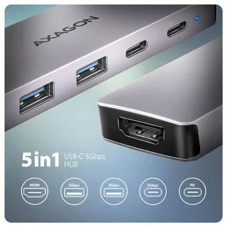 AXAGON HMC-5H60, USB 5Gbps hub, portok 2x USB-A, 1x USB-C, HDMI 4k/60, PD 100W, USB-C kábel 15cm