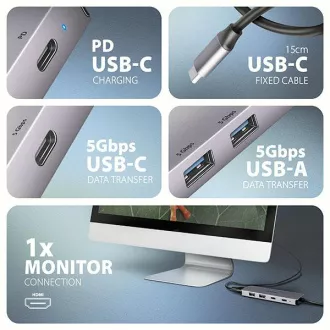 AXAGON HMC-5H60, USB 5Gbps hub, portok 2x USB-A, 1x USB-C, HDMI 4k/60, PD 100W, USB-C kábel 15cm