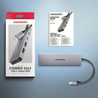 AXAGON HMC-5H60, USB 5Gbps hub, portok 2x USB-A, 1x USB-C, HDMI 4k/60, PD 100W, USB-C kábel 15cm