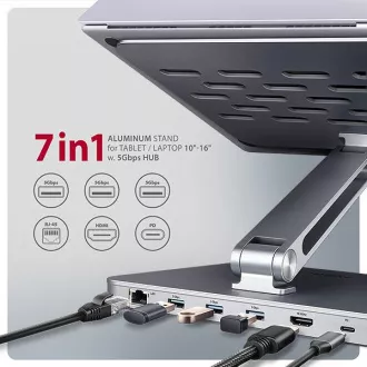 AXAGON HMC-STND, állvány 10"-17" laptopokhoz, USB 5Gbps hub, 3x USB-A, HDMI 4k/60Hz, RJ-45, PD 100W, USB-C kábel 60cm AXAGON HMC-STND, állvány 10"-17" laptopokhoz, USB 5Gbps hub, 3x USB-A, HDMI 4k/60Hz, RJ-45, PD 100W, USB-C kábel 60cm