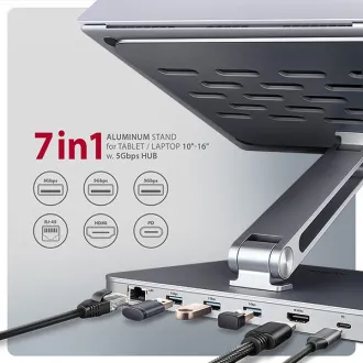 AXAGON HMC-STND, állvány 10"-17" laptopokhoz, USB 5Gbps hub, 3x USB-A, HDMI 4k/60Hz, RJ-45, PD 100W, USB-C kábel 60cm - Használt