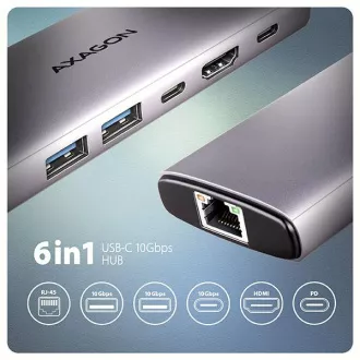 AXAGON HMC-6G2L, USB 10Gb/s hub, 2x USB-A, 1x USB-C, HDMI 4k/60, RJ-45, PD 100W, USB-C kábel 15cm