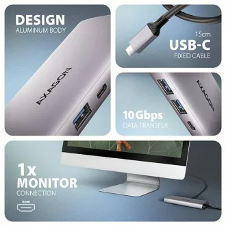 AXAGON HMC-6G2L, USB 10Gb/s hub, 2x USB-A, 1x USB-C, HDMI 4k/60, RJ-45, PD 100W, USB-C kábel 15cm