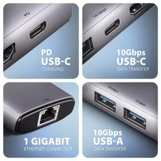 AXAGON HMC-6G2L, USB 10Gb/s hub, 2x USB-A, 1x USB-C, HDMI 4k/60, RJ-45, PD 100W, USB-C kábel 15cm