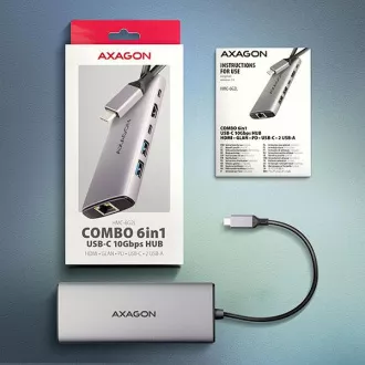 AXAGON HMC-6G2L, USB 10Gb/s hub, 2x USB-A, 1x USB-C, HDMI 4k/60, RJ-45, PD 100W, USB-C kábel 15cm