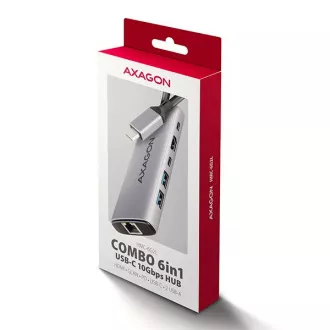 AXAGON HMC-6G2L, USB 10Gb/s hub, 2x USB-A, 1x USB-C, HDMI 4k/60, RJ-45, PD 100W, USB-C kábel 15cm